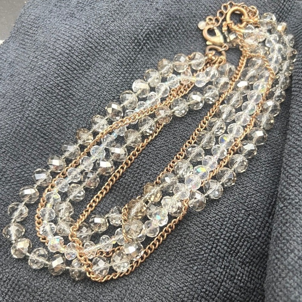 Glass Bead Necklace Multi Strand faceted Smoke Clear Gold Tone Chains 18"